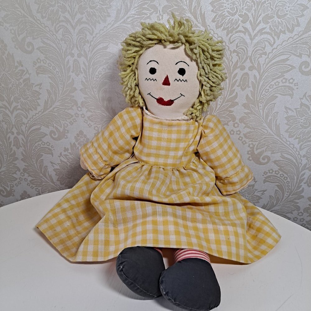 Vintage Blonde Raggedy Ann Doll Yellow Dress All Fabric Doll